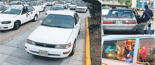  ?? FOTOS: EFRAÍN SALGADO/DAVID ROMERO ?? (1) Los taxistas realizaron una caravana en el bulevar Suyapa, llegaron a las afueras del IHTT en el bulevar Juan Pablo II. (2) En los taxis colectivos solo se permite que transporte­n a tres personas y no se ha autorizado un aumento al pasaje. (3) Esta unidad fue captada ayer por la tarde circulando repleto de pasajeros y sin respetar la biosegurid­ad.