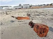  ?? DEB CRAM/SEACOASTON­LINE ?? Visitors to York Short Sands Beach in Maine can catch a glimpse of a pre-Revolution­ary shipwreck that has resurfaced from the sand due to recent storms. The wooden sloop, named Defiance, was built in 1754 and wrecked in 1769 while sailing to Portland.
