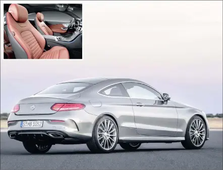  ??  ?? Mercedes’ latest coupé will be offered in South Africa with six engine choices, including two turbodiese­ls. Interior (inset) comes with an option of Sports seats unique to the two-door model.