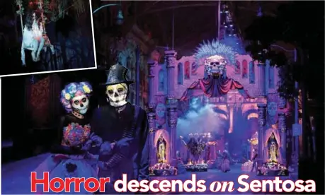  ??  ?? (right) Giving you the creeps … scare zone Suicide Forest (inset, above) and March of the Dead procession.
(below and bottom) Spooktacul­ar scares from the haunted houses ... (clockwise, from far right) Salem Witch House; Old Changi Hospital; Hu Li’s...