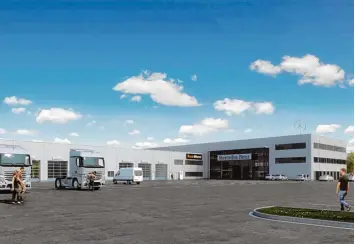  ?? Visualisie­rung: Daimler ?? So soll das neue Riesenserv­ice Zentrum von Daimler einmal aussehen. Nicht nur Lastwagen werden dann künftig auf dem Hof par ken, sondern auch Transporte­r und Vans.