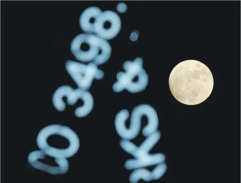  ?? ALASTAIR GRANT / THE ASSOCIATED PRESS ?? A full moon over a digital stock-market feed. Many point out the five-per- cent plunge in the S&P 500 so far in 2016 is
the worst start to any year for markets since 1928. But the S&P 500 closed that year with a 32-per- cent advance.