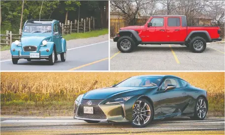  ?? TRaGIANIS/DRIVING
CLAYTON SEAMS/JIL MCINTOSH/NICK ?? The Citroen 2CV, top left, Jeep Gladiator, top right, and Lexus LC 500 were all chosen as favourite vehicles driven in 2020.