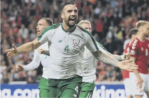 ??  ?? 0 Shane Duffy celebrates scoring for the Republic of Ireland against Denmark in a Euro 2020 qualifier in Copenhagen.