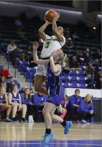  ?? (PHOTO BY MARY SCHWALM — MEDIANEWS GROUP/BOSTON HERALD ?? Cathedral’s Jasmine Day-Cox (3) drives to the basket against Wahconah defender Emma Belcher during the first half of the MIAA 2023 Basketball Girls Division 4 State Finals March 19, 2023 in Lowell.