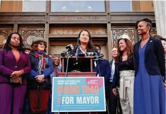  ?? Yalonda M. James/The Chronicle ?? Oakland Mayor-elect Sheng Thao speaks on the steps of City Hall, declaring, “We have to come and work together to solve our problems together. This is all of us. We love Oakland.”