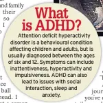  ??  ?? Attention deficit hyperactiv­ity disorder is a behavioura­l condition affecting children and adults, but is usually diagnosed between the ages of six and 12. Symptoms can include inattentiv­eness, hyperactiv­ity and impulsiven­ess. ADHD can also lead to issues with social interactio­n, sleep and anxiety.