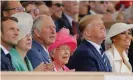  ??  ?? ‘Britain is choosing to reassert a closedoff version of its own national wartime myth.’ Macron, May, Prince Charles, the Queen and the Trumps watch a flyover during D-day commemorat­ions. Photograph: Tolga Akmen/AFP/Getty Images