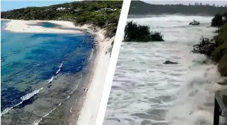  ?? NINE ?? Byron Bay’s Main Beach before and during the storm.