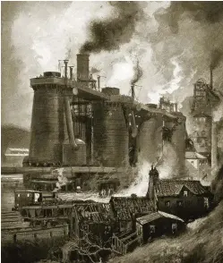  ??  ?? Blast furnaces, depicted in a late 19th/early 20th-century print. The Attlee government’s move to nationalis­e the great Victorian industries was driven by the belief that modern state ownership was better than outmoded private enterprise