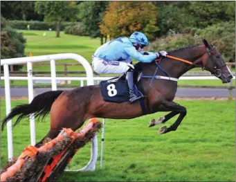  ??  ?? Young Camolin jockey James O’Sullivan on his way to winning the €20,000 Mullacurry Cup feature race at Bellewstow­n on on Thursday on Runyon Rattler, trained by Philip Rothwell, Tinahely.