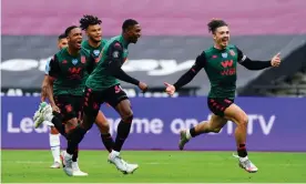  ??  ?? Jack Grealish celebrates after scoring for Villa on the final day of the season. Photograph: Javier García/BPI/REX/Shuttersto­ck