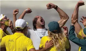  ?? Photograph: Francisco Seco/AP ?? Australia’s Owen Wright celebrates winning the bronze medal heat in the men’s surfing competitio­n.