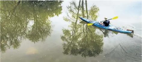  ?? BOB TYMCZYSZYN/STANDARD STAFF ?? A kayaker slices through the still but swollen Twenty Mile Creek in Jordan Wednesday. A Weather Network meteorolog­ist says the summer forecast for Niagara shows it should be normal when it comes to temperatur­e, but wetter than normal when it comes to...