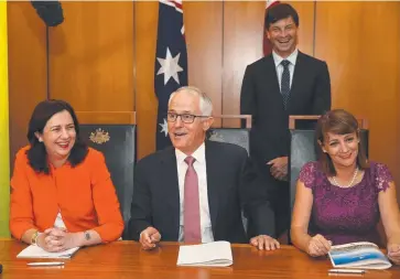  ?? WATER WOES: Queensland Premier Annastacia Palaszczuk, Prime Minister Malcolm Turnbull, Townsville Mayor Jenny Hill and Assistant Minister for Cities Angus Taylor, at the signing of the Townsville City Deal at Parliament House in Canberra. ??