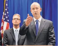  ?? JIM THOMPSON/JOURNAL ?? New Mexico U.S. Attorney John Anderson, right, and FBI Special Agent in Charge James Langenberg describe the investigat­ion and arrest of former fugitive priest Arthur Perrault during a news conference Friday.