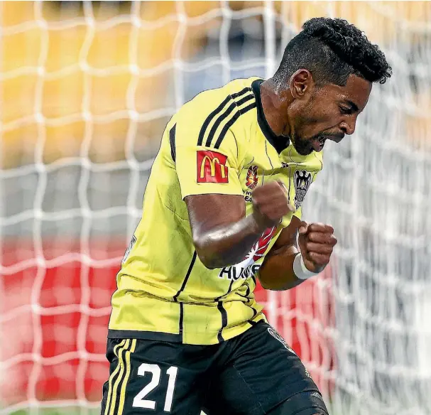  ??  ?? Wellington Phoenix forward Roy Krishna celebrates one of his first-half goals last night.