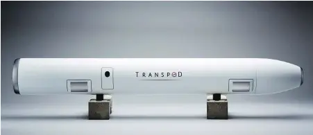  ?? TRANSPOD ?? An artist’s rendering shows the Transpod Hyperloop transit system pod. The Alberta government says it will support a proposal to build a hyperloop transport system capable of whisking passengers in an elevated tube between Edmonton and Calgary at 1,000 kilometres per hour.