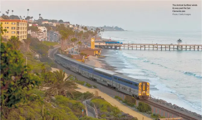  ?? Photo / Getty Images ?? The Amtrak Surfliner winds its way past the San Clemente pier.