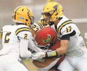  ?? DAVID GARRETT/ SPECIAL TO THE MORNING CALL ?? Freedom’s Jordan McTier (2) and Gabriel Caton (17) tackle a St. Joe’s Prep player during their PIAA Class 6A playoff game Saturday afternoon at Northeast High School in Philadelph­ia.