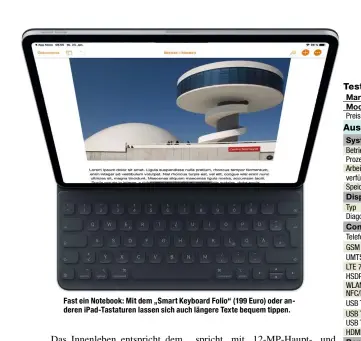  ??  ?? Fast ein Notebook: Mit dem „Smart Keyboard Folio“(199 Euro) oder anderen iPad-Tastaturen lassen sich auch längere Texte bequem tippen.