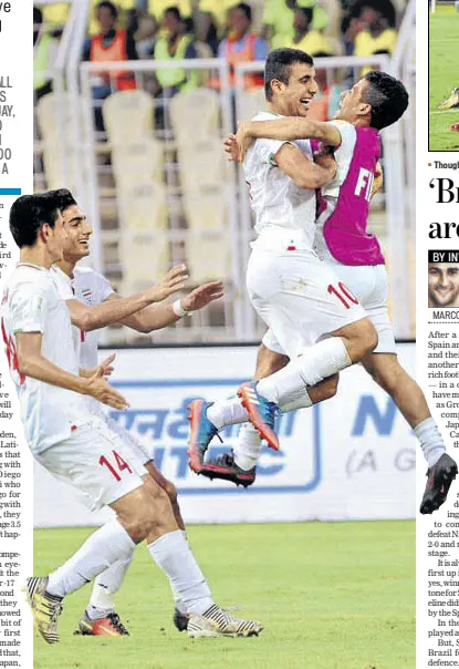  ?? PTI ?? Iran’s 30 drubbing of Costa Rica shows they will be a force to reckon with in the tournament.
Though Brazil won, Mohamed Moukhliss (in red) scored a superb goal for Spain.