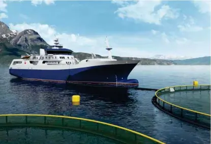  ?? ARKIVFOTO: HAV LINE ?? VEKKER STRID: Den nye slaktebåte­n «Norwegian Gannet» har åpnet diskusjone­n om Norge bør satse mer på foredlings­industrien i Norge, fremfor å sende laksen ubearbeide­t til utlandet.