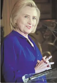  ?? AP FILE PHOTO ?? INBOX ISSUES: Hillary Clinton, seen above in June at the 8th Annual Elly Award luncheon, was reportedly the victim of an email hack by the Chinese.