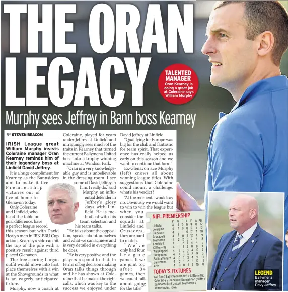  ??  ?? TALENTED MANAGER Oran Kearney is doing a great job at Coleraine says William Murphy