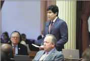  ?? RICH PEDRONCELL­I — THE ASSOCIATED PRESS ?? Senate President Pro Tem Kevin de Leon, D-Los Angeles, discusses the resignatio­n of Sen. Tony Mendoza, D-Artesia, Thursday in Sacramento.