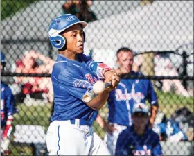  ?? JAMES BEAVER/FOR MEDIA NEWS GROUP ?? Roslyn’s Jordan Grimaldi (3) hits a sacrifice fly giving the Blue Hens a 2-0 lead over Fort Washington Friday night at Upper Dublin High School.