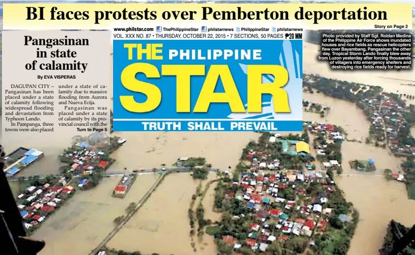  ??  ?? Photo provided by Staff Sgt. Roldan Medina of the Philippine Air Force shows inundated houses and rice fields as rescue helicopter­s flew over Bayambang, Pangasinan the other day. Tropical Storm Lando finally blew away from Luzon yesterday after forcing...