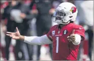  ?? BRIAN BLANCO - FREELANCER, AP ?? Arizona Cardinals quarterbac­k Kyler Murray gestures during the first half of Sunday’s 31-21loss to the Panthers in Charlotte, N.C.