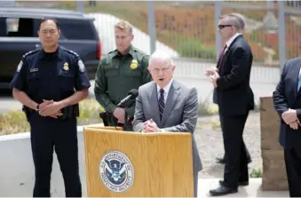  ?? GREGORY BULL/THE ASSOCIATED PRESS ?? Attorney General Jeff Sessions speaks during a recent news conference near the border with Tijuana, Mexico.