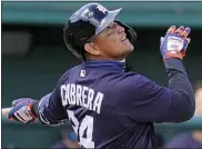  ?? GENE J. PUSKAR — THE ASSOCIATED PRESS ?? Detroit Tigers’ Miguel Cabrera singles to right field off New York Yankees starting pitcher Deivi Garcia during the second inning of a March 9spring training exhibition game at Joker Marchant Stadium in Lakeland, Fla.