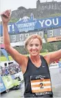  ??  ?? Jubilant Liz at the Stirling Marathon finish