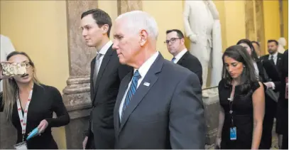  ?? J. Scott Applewhite ?? The Associated Press Vice President Mike Pence and presidenti­al adviser Jared Kushner arrive Tuesday at the Capitol in Washington in support of legislatio­n that would revise the nation’s criminal justice sentencing laws.