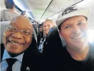  ?? Picture: FACEBOOK ?? JOVIAL COMPANION: Simon Hodgson in the kulula plane with former president Jacob Zuma next to him