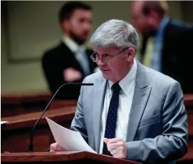  ?? MICKEY WELSH /ADVERTISER ?? Sen. Greg Albritton speaks in the Alabama Senate chamber in 2022. Albritton, R-Baldwin County, who sponsored gaming bills in the Senate, said he would have voted no on the bills after they passed in the House. The bills needed 21 yes votes to pass, with Albritton’s flip leaving them with 20.