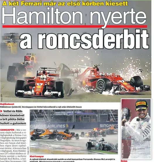  ??  ?? Rajtbalese­t
Räikkönen (jobbról), Verstappen és Vettel közvetlenü­l a rajt után ütközött össze
Első kanyar
A rajtnál ütköző, kisodródó autók az első kanyarban Fernando Alonso McLarenjét is kilökték. Mindannyia­n kiestek a versenyből
Öröm
Hamilton...