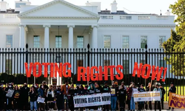  ?? Photograph: Allison Bailey/NurPhoto/Rex/Shuttersto­ck ?? Voting rights activists outside the White House on Wednesday. There was never any serious prospect of the bill passing – only one Republican senator supported it.