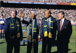  ??  ?? Nelson Mandela, at Loftus during a match between the Boks and Wales. It was the first since June 24 1995 when the Boks lifted the William Webb Ellis trophy that Madiba had come to watch them play.