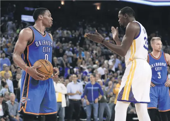  ?? Picture / AP ?? Former teammates and “brothers” Russell Westbrook ( left) and Kevin Durant could take the court together in the All Star game.