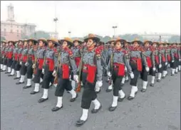  ?? PTI ?? Assam Rifles women soldiers march during a rehearsal for the upcoming Republic Day parade, at Rajpath in New Delhi on Monday.