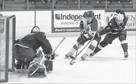  ?? ACADIA ATHLETICS ?? Boston Leier, seen here playing for Acadia against Saint Mary’s in playoff action, will now be suiting up for the Belleville Senators of the AHL.