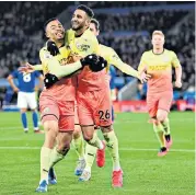  ??  ?? Winning team: Gabriel Jesus of Manchester City, scorer of the winning goal against Leicester, is congratula­ted by the player who set up his opportunit­y, Riyad Mahrez