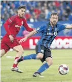  ?? PAUL CHIASSON/THE CANADIAN PRESS ?? TFC midfielder Jonathan Osorio, left, and Montreal Impact forward Harrison Shipp battle for the ball during first half Amway Canadian Championsh­ip semifinal action in June 2016, in Montreal.