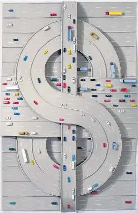  ??  ?? Die Autobahn als alles antreibend­er Organismus, als Sinnbild der kapitalist­ischen Ökonomie: Thomas Bayrle, „$“(1980).