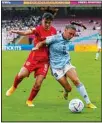  ?? (AP) ?? China’s Wang Aifang (left), vies for the ball with Spain’s Olaya Enrique during the FIFA U-17 Women’s World Cup soccer match between China and Spain in Navi Mumbai, India. Spain won 1-0.