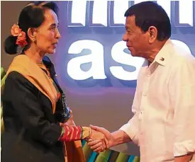  ?? —EDWIN BACASMAS ?? Aung San Suu Kyi and President Duterte, who chairs the Asean Summit this year.